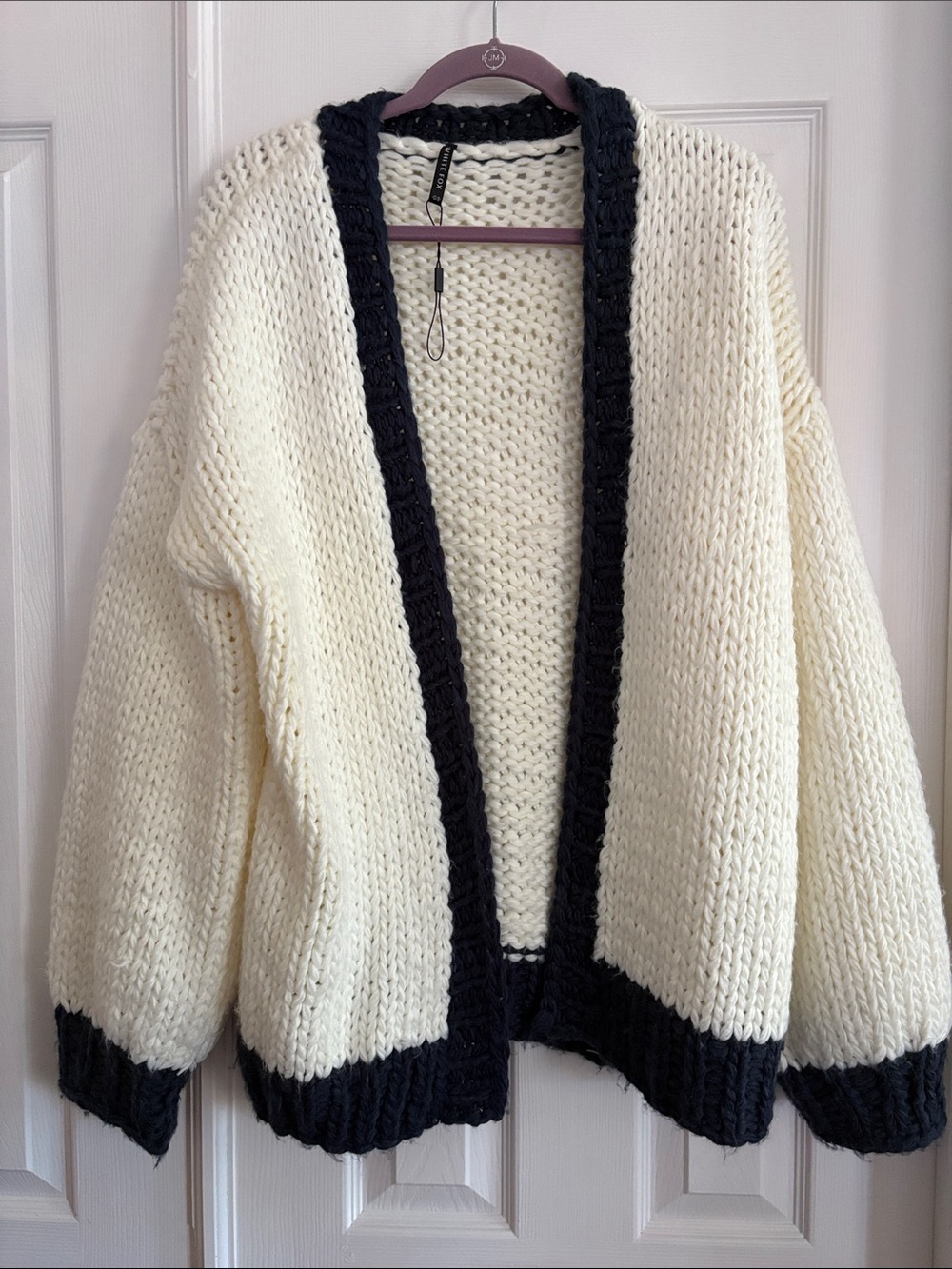 White Fox Chunky knit Open Front white and Navy blue oversized Cardigan Sweater